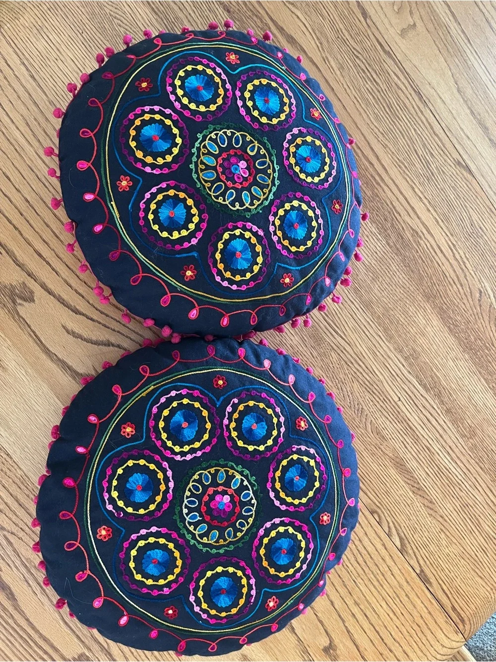 Embroidered Round Decorative Throw Pillow Pair - black with Multicolor Accents